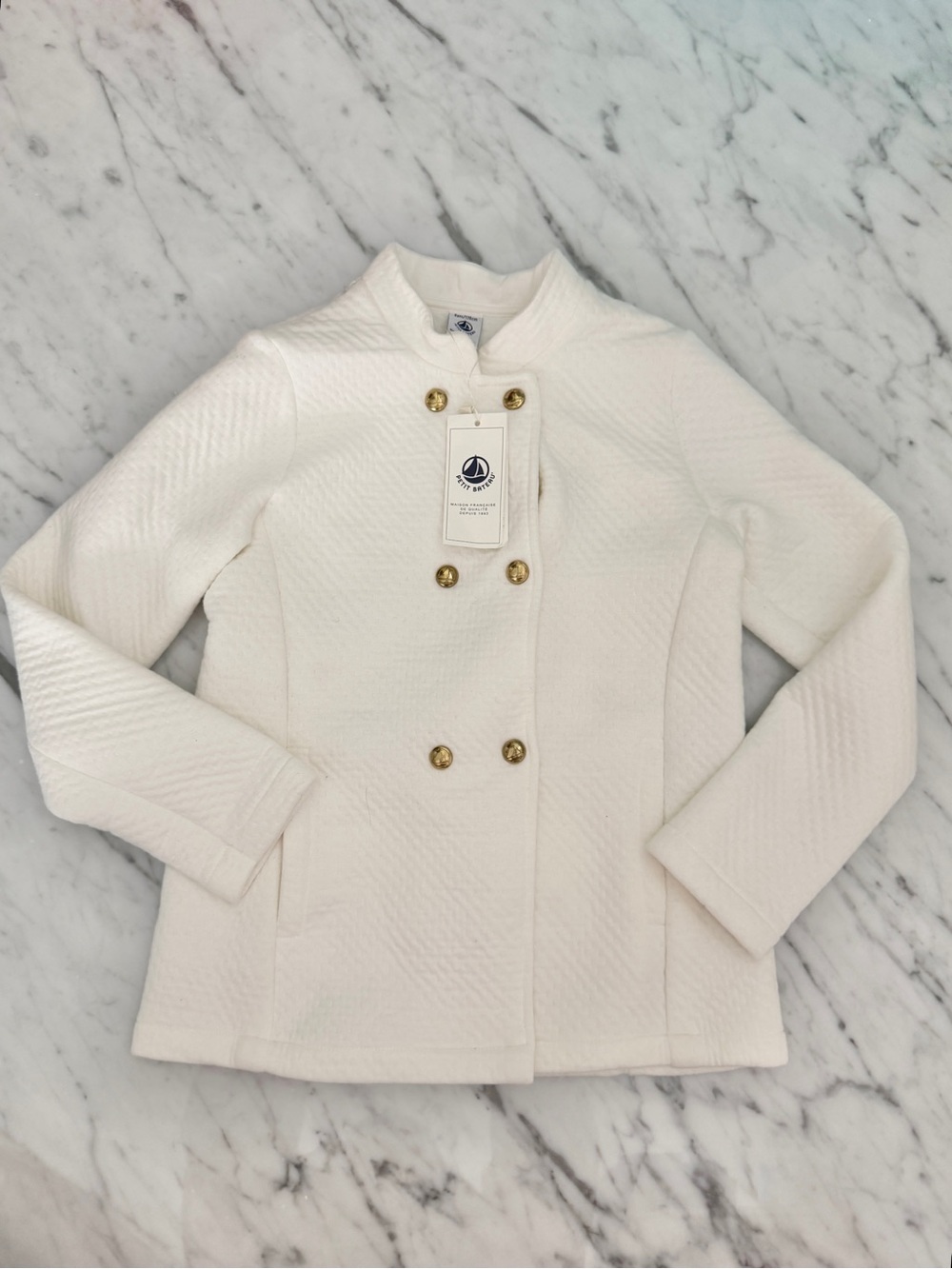 NWT Petit Bateau Kids Cream Double-Breasted Quilted Pea Coat Size 8